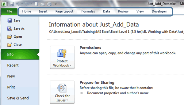To close the Backstage View, simply click on one of the other usual Ribbon tabs