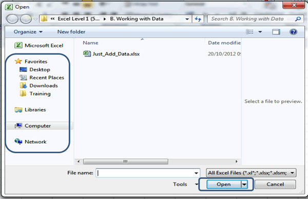 Click on the Open button located in the left-hand panel of the Backstage View