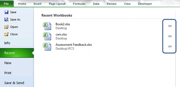 Study the icon located to the right-hand side of every workbook on the Recent list